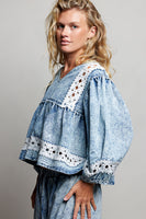 POL Vintage Washed Twill Top with Lace Detail in Denim