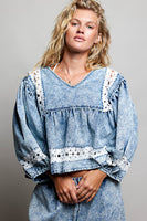 POL Vintage Washed Twill Top with Lace Detail in Denim