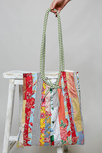POL Floral Stripe Patchwork Quilted Tote Bag in Cream Multi