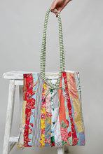 Load image into Gallery viewer, POL Floral Stripe Patchwork Quilted Tote Bag in Cream Multi
