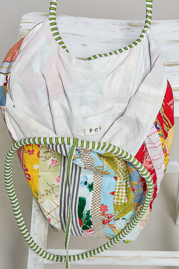 POL Floral Stripe Patchwork Quilted Tote Bag in Cream Multi