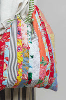 POL Floral Stripe Patchwork Quilted Tote Bag in Cream Multi