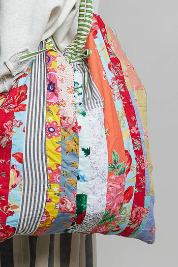 POL Floral Stripe Patchwork Quilted Tote Bag in Cream Multi
