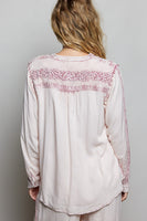 POL Embroidered Yoke Button Front Blouse in Rose Pink