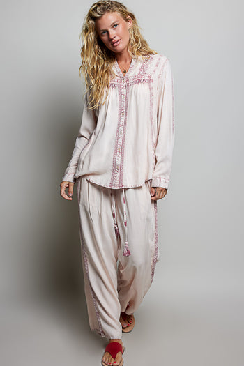 POL Embroidered Yoke Button Front Blouse in Rose Pink