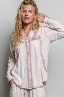 POL Embroidered Yoke Button Front Blouse in Rose Pink