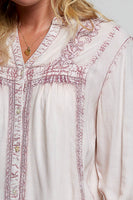 POL Embroidered Yoke Button Front Blouse in Rose Pink