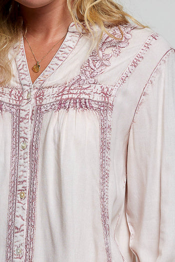 POL Embroidered Yoke Button Front Blouse in Rose Pink