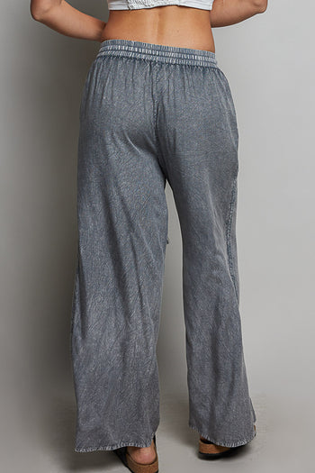 POL Embroidered Tassel Drawstring Wide Leg Pants in Charcoal