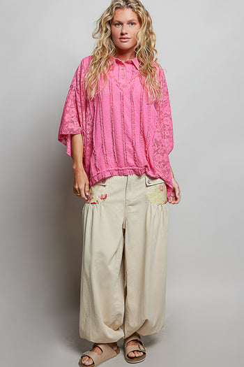 POL OVERSIZED Vintage Lace Collared Poncho Top in Fuschia