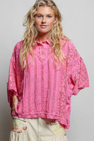 POL OVERSIZED Vintage Lace Collared Poncho Top in Fuschia