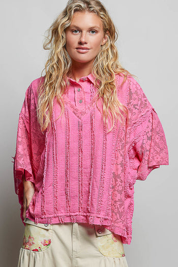 POL OVERSIZED Vintage Lace Collared Poncho Top in Fuschia