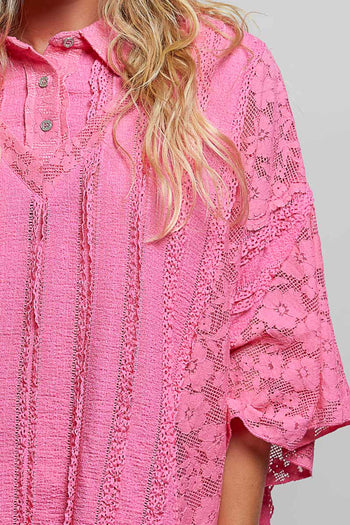 POL OVERSIZED Vintage Lace Collared Poncho Top in Fuschia