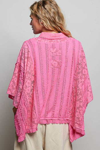 POL OVERSIZED Vintage Lace Collared Poncho Top in Fuschia