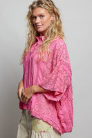 POL OVERSIZED Vintage Lace Collared Poncho Top in Fuschia