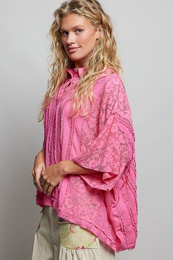 POL OVERSIZED Vintage Lace Collared Poncho Top in Fuschia