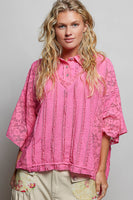 POL OVERSIZED Vintage Lace Collared Poncho Top in Fuschia