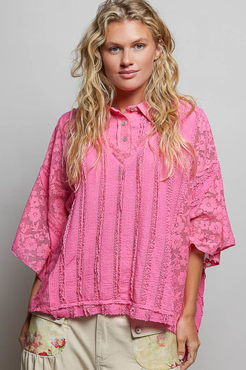 POL OVERSIZED Vintage Lace Collared Poncho Top in Fuschia