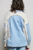 POL V-Neck Lace Mix Top in Denim