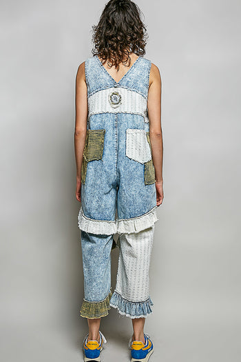 POL Mixed Patchwork Jumpsuit in Denim/Off White