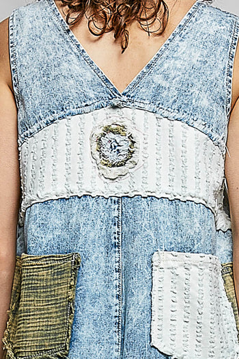 POL Mixed Patchwork Jumpsuit in Denim/Off White