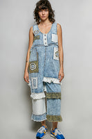 POL Mixed Patchwork Jumpsuit in Denim/Off White