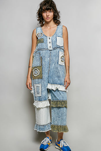 POL Mixed Patchwork Jumpsuit in Denim/Off White