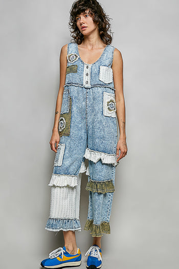POL Mixed Patchwork Jumpsuit in Denim/Off White