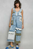 POL Mixed Patchwork Jumpsuit in Denim/Off White