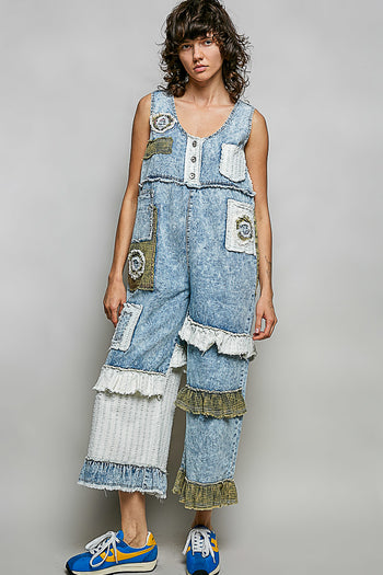 POL Mixed Patchwork Jumpsuit in Denim/Off White