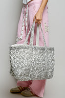 POL Quilted Floral Tote Bag in Ivory/Grey Multi