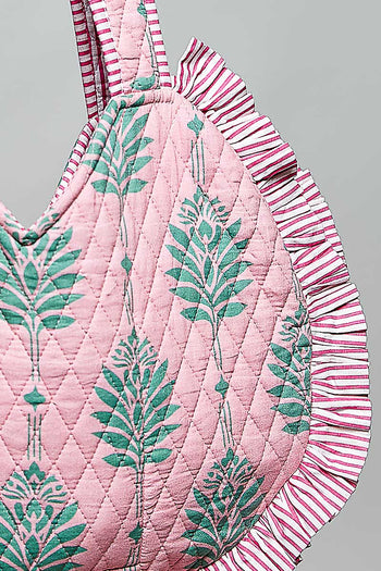 POL Ruffle Trim Quilted Heart Tote Bag in Pink Multi