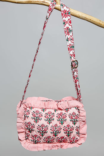 POL Ruffle Trim Quilted Crossbody Bag in Pink Multi