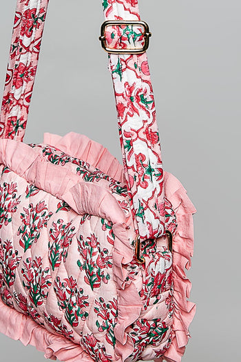 POL Ruffle Trim Quilted Crossbody Bag in Pink Multi