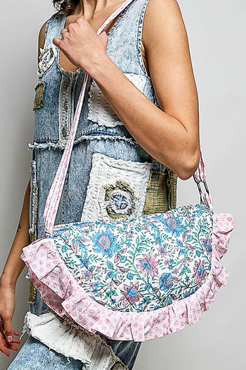 POL Ruffle Trim Quilted Cotton Crossbody Bag in Blue Multi