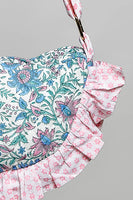 POL Ruffle Trim Quilted Cotton Crossbody Bag in Blue Multi