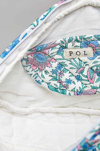 POL Ruffle Trim Quilted Cotton Crossbody Bag in Blue Multi