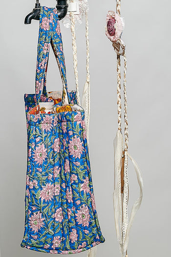 POL Hand Block Print Quilted Cotton Tote Bag in Blue Multi