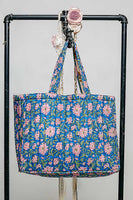 POL Hand Block Print Quilted Cotton Tote Bag in Blue Multi