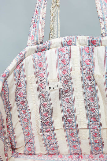 POL Hand Block Print Quilted Cotton Tote Bag in Ivory Multi