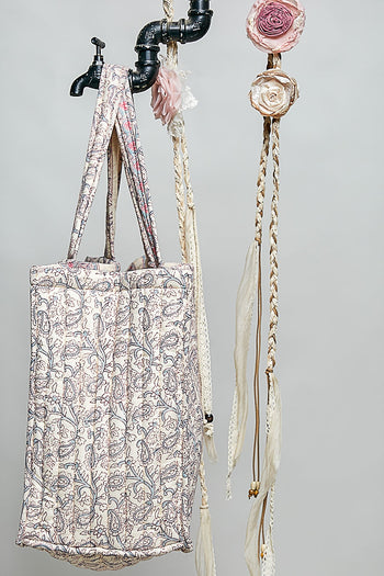 POL Hand Block Print Quilted Cotton Tote Bag in Ivory Multi