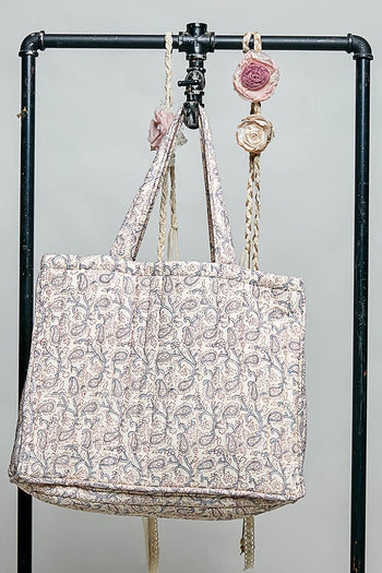 POL Hand Block Print Quilted Cotton Tote Bag in Ivory Multi