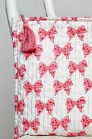 POL Bow Printed Quilted Pouch in Pink Multi