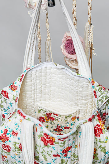 POL Contrast Piping Quilted Cotton Tote Bag in Ivory Multi