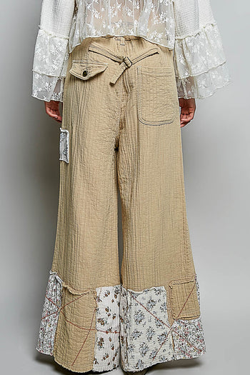 POL Double Gauze Patched Wide Leg Pants in Latte Multi