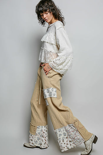 POL Double Gauze Patched Wide Leg Pants in Latte Multi