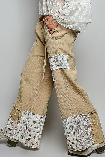 POL Double Gauze Patched Wide Leg Pants in Latte Multi