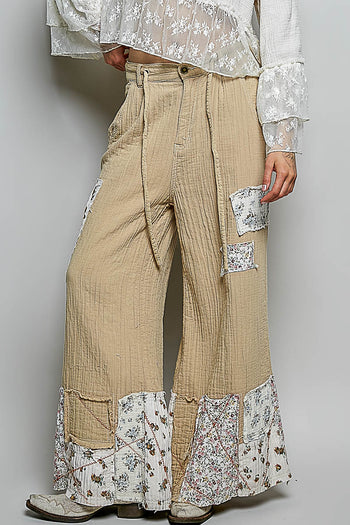 POL Double Gauze Patched Wide Leg Pants in Latte Multi