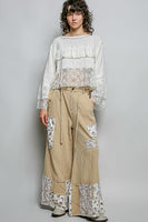 POL Double Gauze Patched Wide Leg Pants in Latte Multi