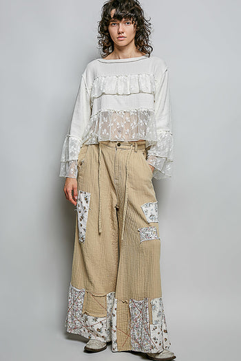 POL Double Gauze Patched Wide Leg Pants in Latte Multi